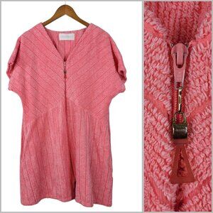 Vintage 70s Chenille Robe House Coat Medium Large Pockets Swim Cover Zip Up Pink